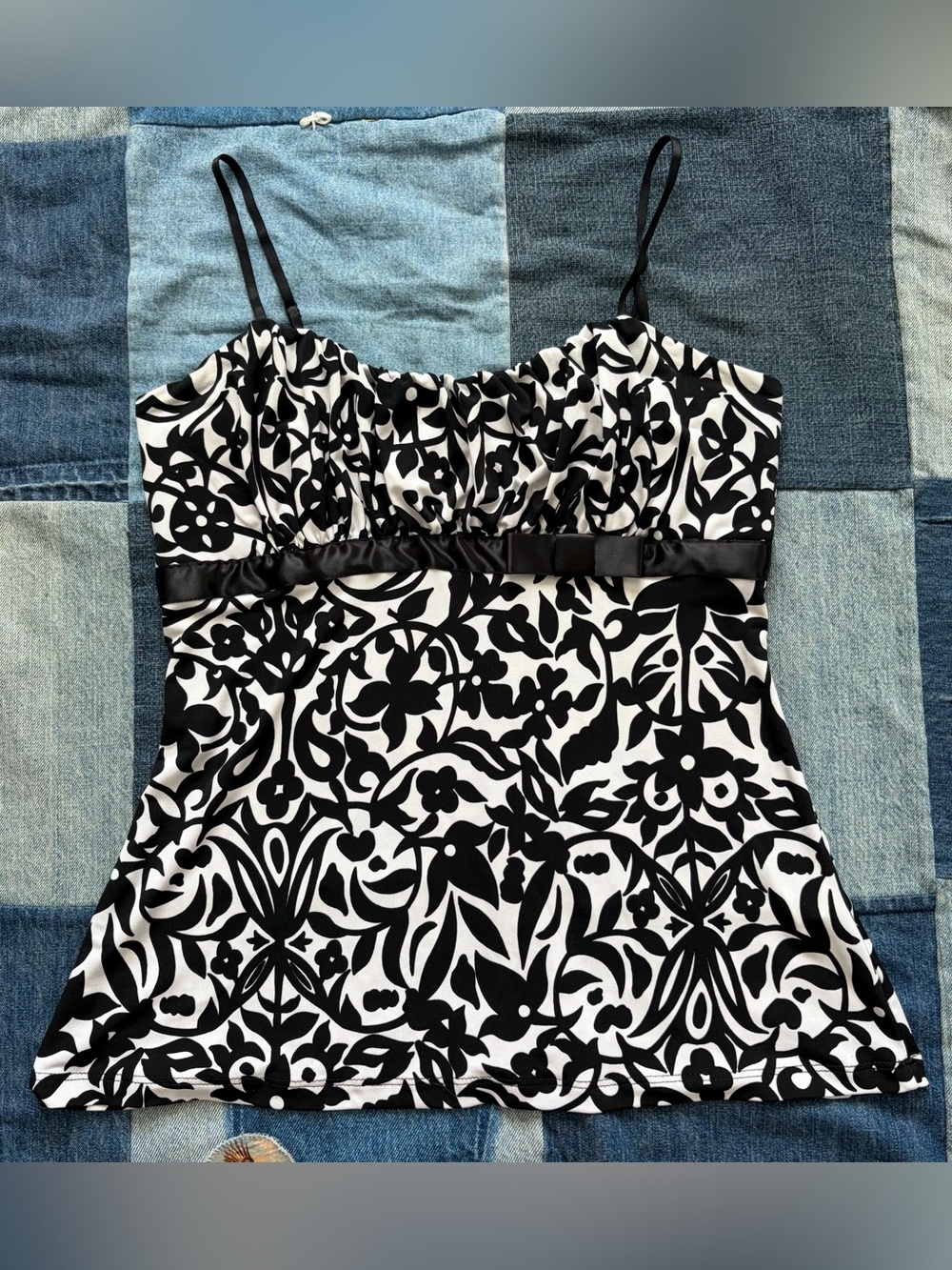 vintage rampage tank top black white floral ruched bust made in usa size M